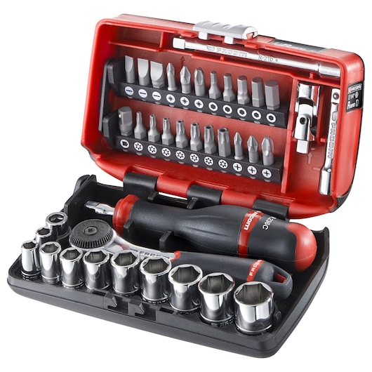 Facom R2NANOPB compact socket and bit set with ratchet, screwdriver, and multiple bits in a red plastic case, angled view.
