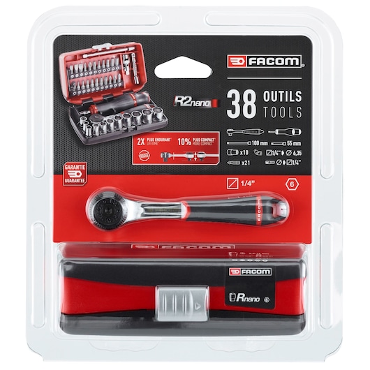 Facom R2NANOPB 38-piece compact ratchet and socket set in black and red packaging, front angle.