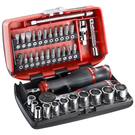 Facom R2NANO compact tool set with ratchet, screwdriver, bits, and sockets, open case, top angle, red and black.