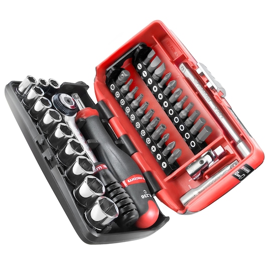 Facom R2NANO compact ratchet and bit set with sockets, bits, and accessories in a red and black case, angled view.