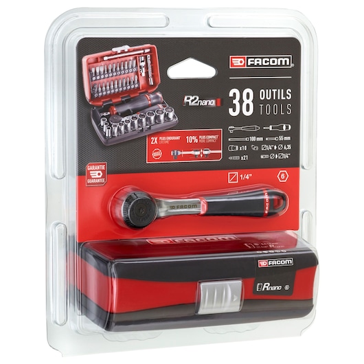 Facom R2NANO tool set packaging, showing a compact ratchet, red and black case, and information about the 38 tools included.