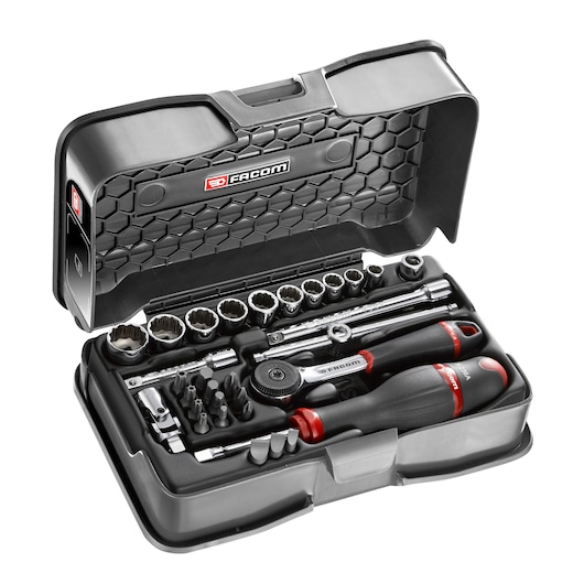 Facom RB_161-4P12U tool set with ratchet, screwdriver and sockets in black case, angled view.