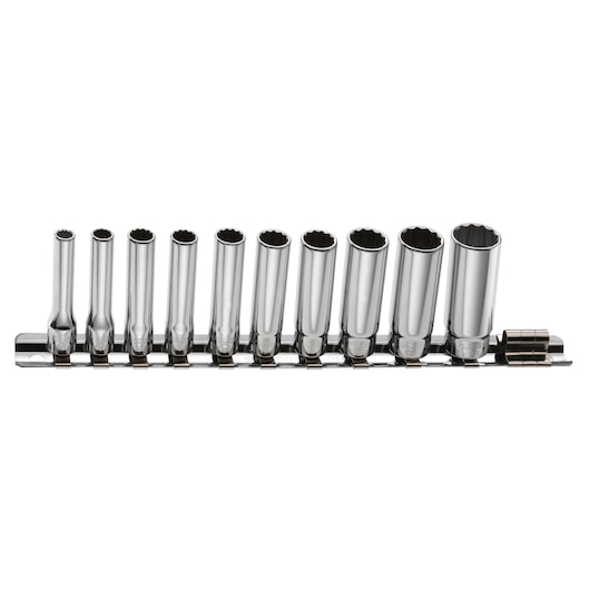 Facom REL_40U chrome socket set with rail, front angle, photography of 11 sockets on white background.