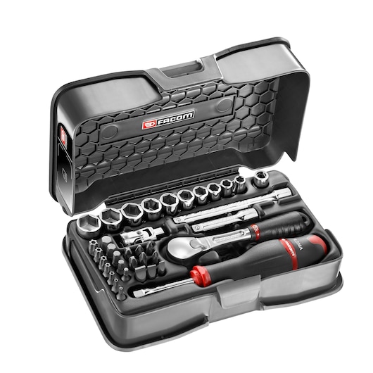 Facom RL_161-5P6U socket and tool set in black case, top angle, assorted sockets and screwdriver.