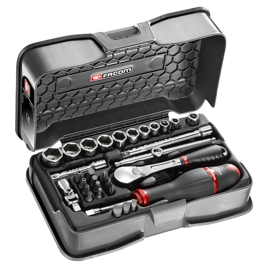 Facom toolkit RL_161-5P6 with ratchet, screwdriver, sockets, and bits in black case, angled view.