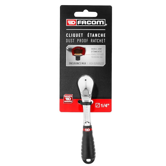 Photo of Facom RL_161PB dust proof ratchet with black ergonomic handle, 1/4 inch, front view on white background.