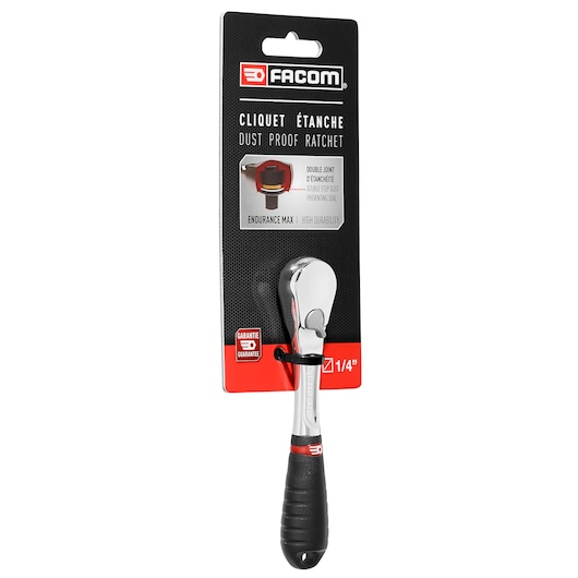 Photo of Facom RL_161PB dust proof ratchet with black and red ergonomic handle in retail packaging, front angle.