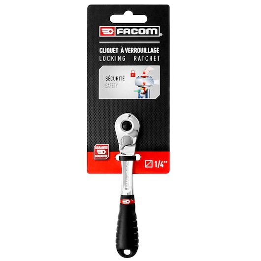 Facom RL.171PB locking ratchet with black and red handle, 1/4 inch drive, front angle on white background.