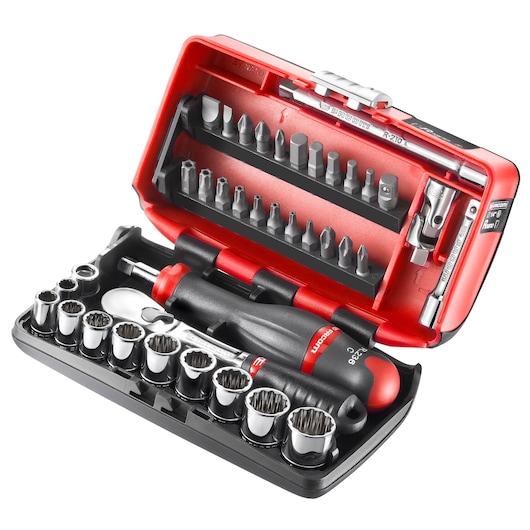 Facom RL_NANO-U1 compact socket and bit set in red and black case, top angled view, includes ratchet and multiple bits.