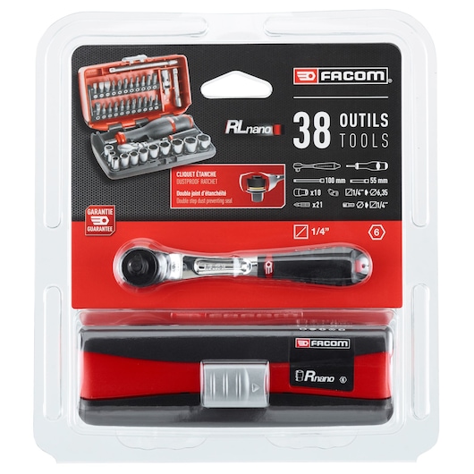 Facom RL.NANO1PB 38-piece ratchet socket set in compact case, photographed front angle on white background.