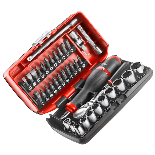 Facom RL_NANO1 compact ratchet socket and screwdriver bit set in red and black hard case, top angle.