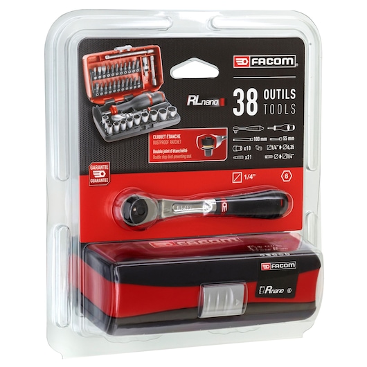 Facom RLnano1 38-piece tool set in retail packaging, featuring a compact ratchet, sockets, screwdriver bits, and accessories in a sturdy black and red case.