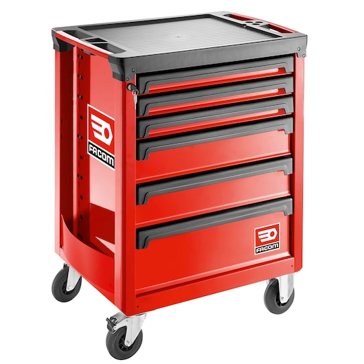 Facom ROLL.6M3APB red mobile tool cabinet with six drawers, side logo, angled on white background