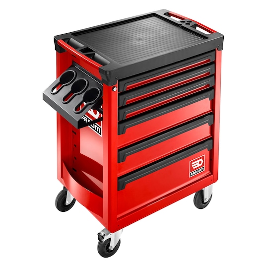 Facom red rolling tool chest with six drawers and bottle holder, SKU ROLL.6M3APB, front angle.