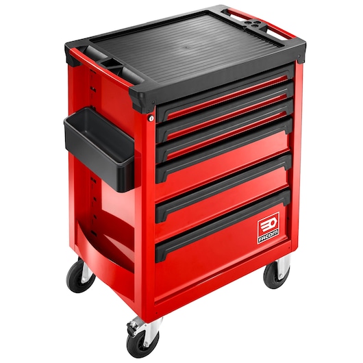 Facom ROLL.6M3APB red rolling tool cabinet with six drawers and side tray, front angle photo.