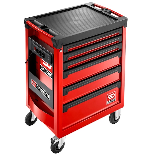 Photo of Facom ROLL.6M3APB red tool cabinet with six drawers and casters, angled on white background.