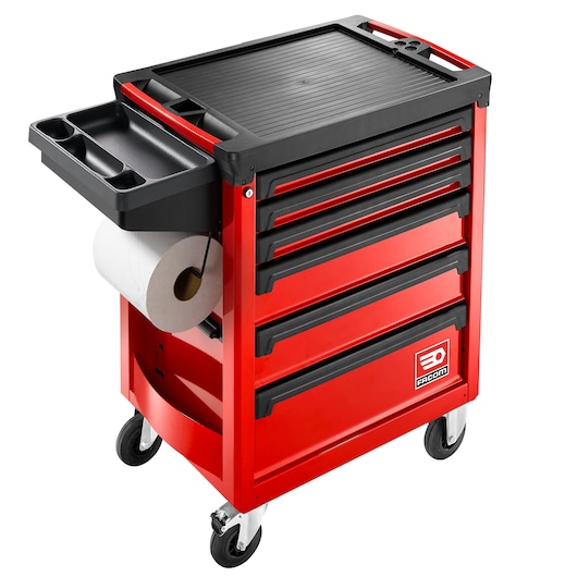 Photo of Facom ROLL.6M3APB red rolling tool cabinet with five drawers, side tray, paper roll holder, and caster wheels, angled view.