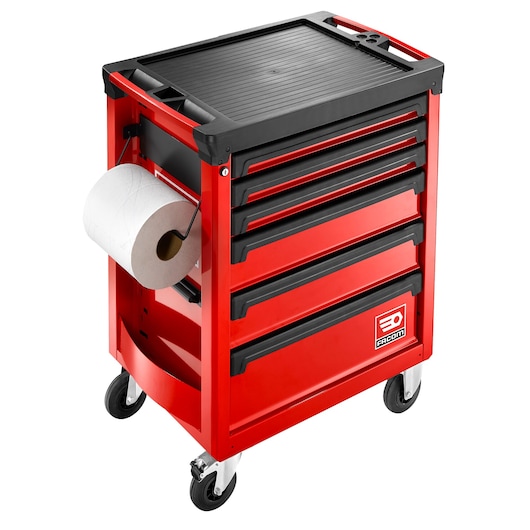 Facom ROLL.6M3APB red rolling tool cabinet with six drawers and side paper roll holder, front angle on white.