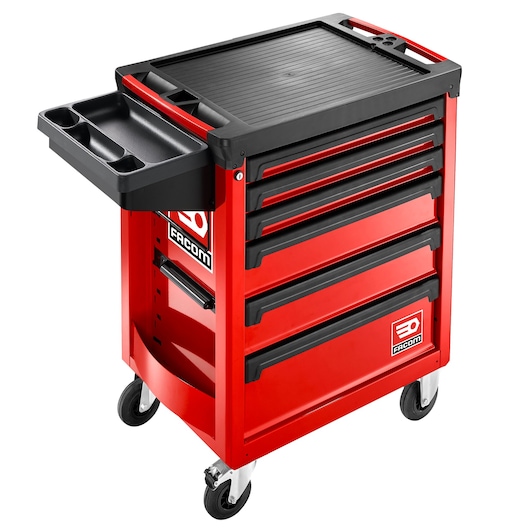 Facom ROLL.6M3A red rolling tool chest with five drawers and side tray, front angle.