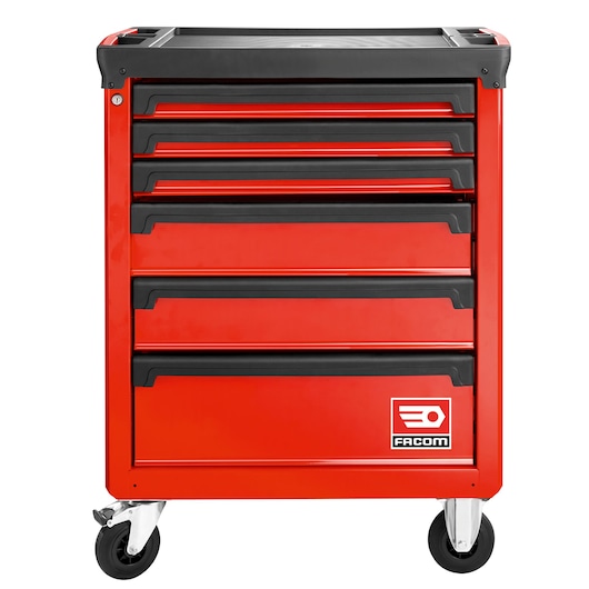 Facom ROLL.6M3A red tool cabinet with six drawers on wheels, front angle, on white background.