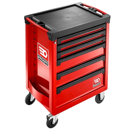 Facom ROLL.6M3A red rolling tool cabinet with black top, five drawers, angled view, white background.