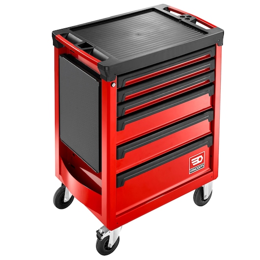Photo of Facom ROLL.6M3A red rolling tool cabinet with black top and six drawers, front angle on white background.