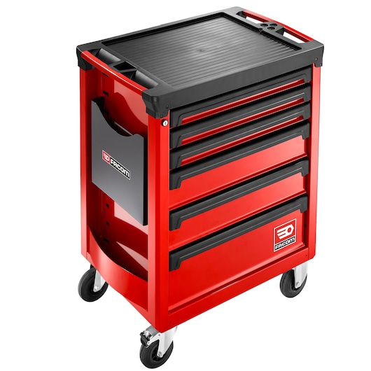 Facom ROLL.6M3A red tool chest with five drawers on wheels, side document holder, studio angle.