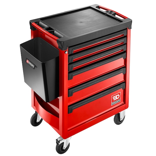 Facom ROLL.6M3A red tool storage trolley with six drawers and a black side bin, front angle.