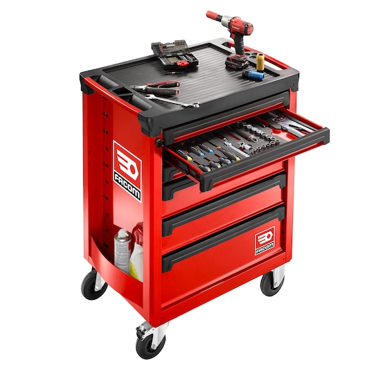 Facom ROLL.6M3A red tool trolley with open drawer showing organized tools, photographed at an angle on white background.