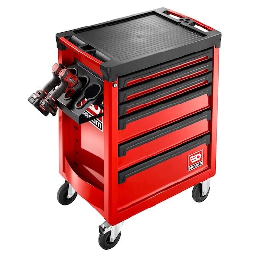 Facom ROLL.6M3A red tool trolley with six drawers, side holders, and caster wheels, front angle on white background.