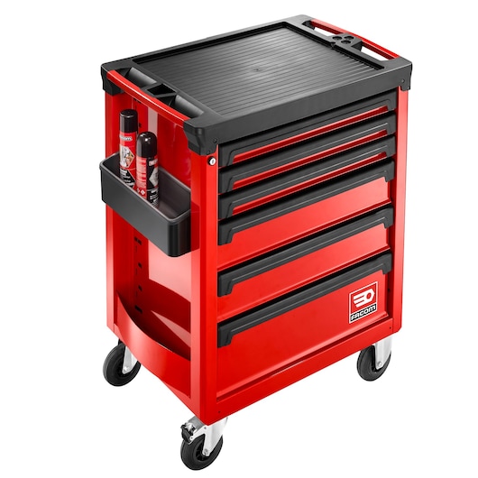 Photo of Facom ROLL.6M3A red tool trolley with six black drawers, side tray and caster wheels, angled view.