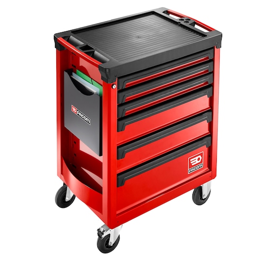 Facom ROLL.6M3A red tool cabinet on wheels with six drawers, side file holder, and black top, front angle.
