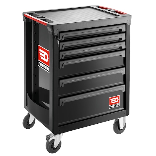 Facom ROLL.6NM3A black tool trolley with six drawers, side handles, and four caster wheels, side angle.