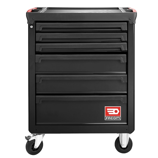 Facom ROLL.6NM3A black tool chest with six drawers, lock, and casters, front angle on white background.
