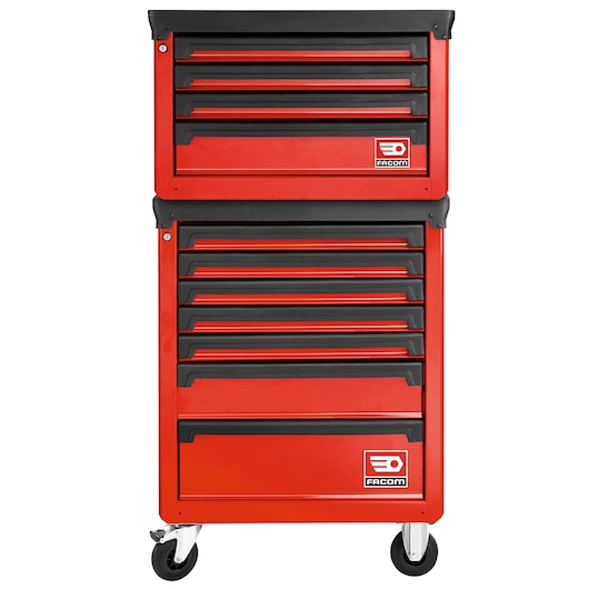 Facom ROLL.7M3A red tool chest with multiple drawers, black handles, and wheels, front view on white background.