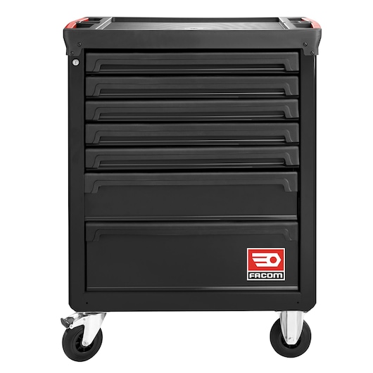 Facom ROLL.7NM3A black rolling tool cabinet with seven drawers, front angle, white background.