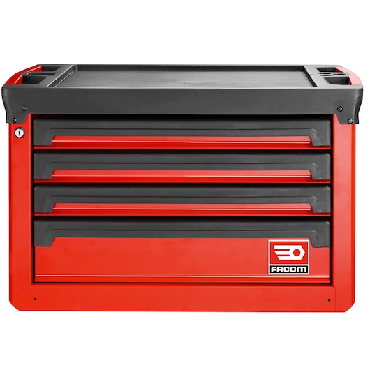 Facom red and black tool chest with four drawers, front angle, SKU ROLL.C4M3A.