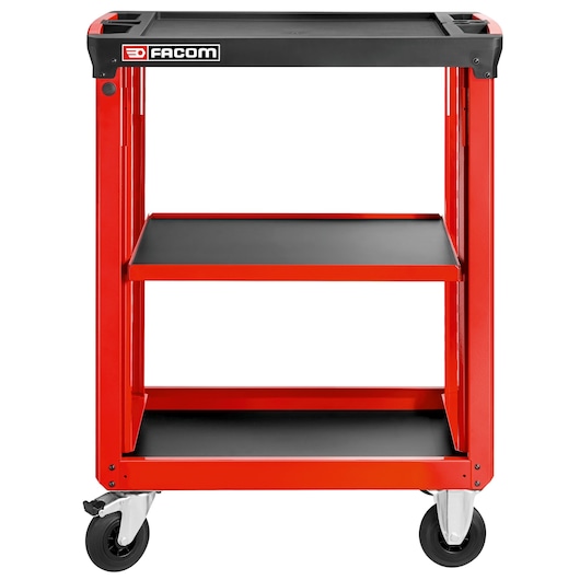 Facom ROLL.UC3SM3 red and black three-shelf rolling tool cart, front angle, photography.