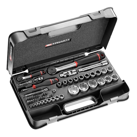 Facom RS_161-2 socket and bit set in a black hard case, top angle photo showing tools organized inside.