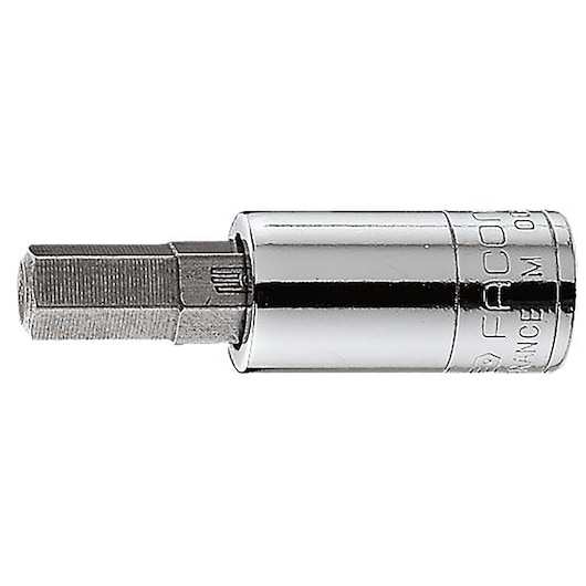 Facom RT_6 hex bit socket side view, silver metal finish, for use with ratchets, photography on white background.