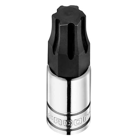 Photo of Facom RTM_2GRP black and silver star socket bit, vertical angle, white background.