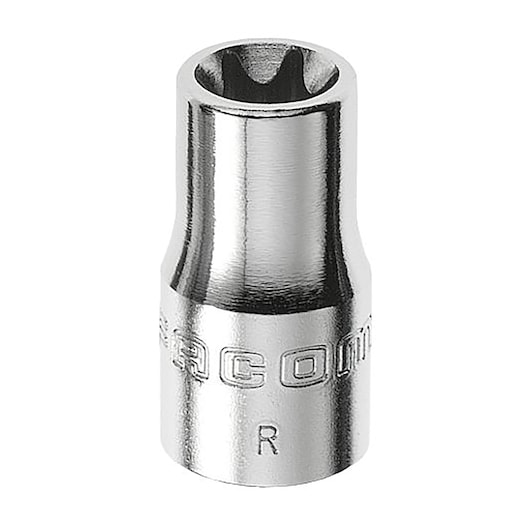 Facom chrome socket tool, RTX_7, front angle, engraved branding, photography on white background.