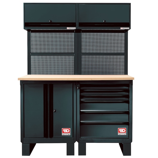 Photo of Facom RWS-3BS workstation with wood top, two upper cabinets, pegboards, lower cabinet, and drawers, front angle.