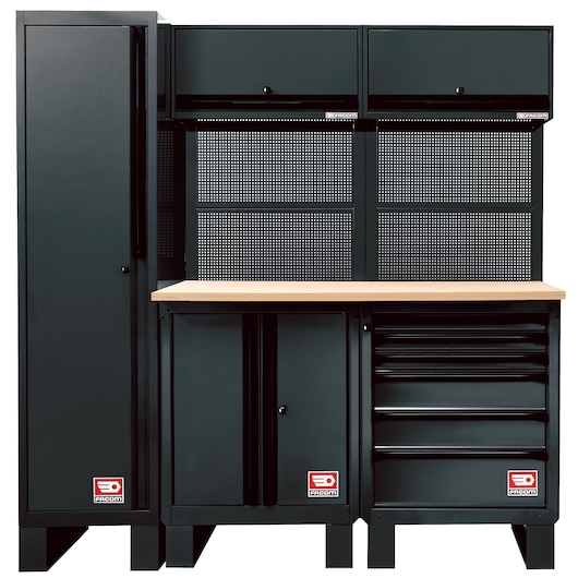 Facom RWS-4BS modular tool storage system with black cabinets and wood worktop, front angle.