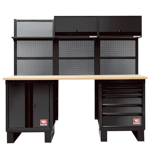 Facom RWS-5BS black steel workbench with wood top, pegboard backing, drawers and cabinets, front angle.