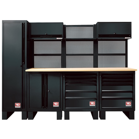 Facom RWS-6BS black modular workshop storage unit with cabinets, drawers, and wood worktop, front angle.