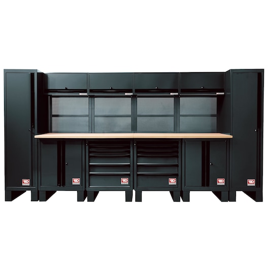 Facom RWS-7BS modular workshop storage system with black cabinets, drawers, and wood worktop, front view.