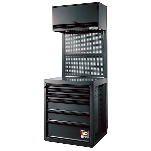 Facom RWS-CHSPPBS black tool storage cabinet with five drawers, perforated pegboard, and top storage compartment, front angle.