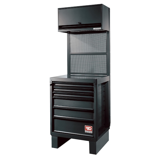 Photo of Facom RWS-CHSPPBS black modular tool storage cabinet with upper compartment and five drawers, front angle.