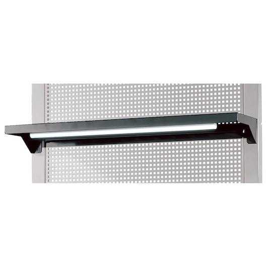 Facom RWS-LIGHTBS metal shelf with integrated light, front angle, mounted on perforated panel.
